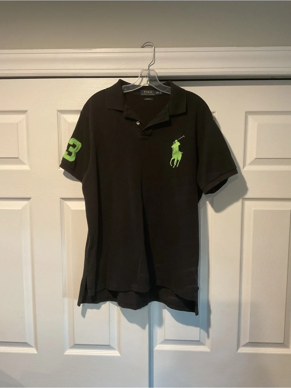Polo Ralph Lauren Vintage Polo Shirt Black Neon Green Pony & Sleeve 3 Y2K sz XXL